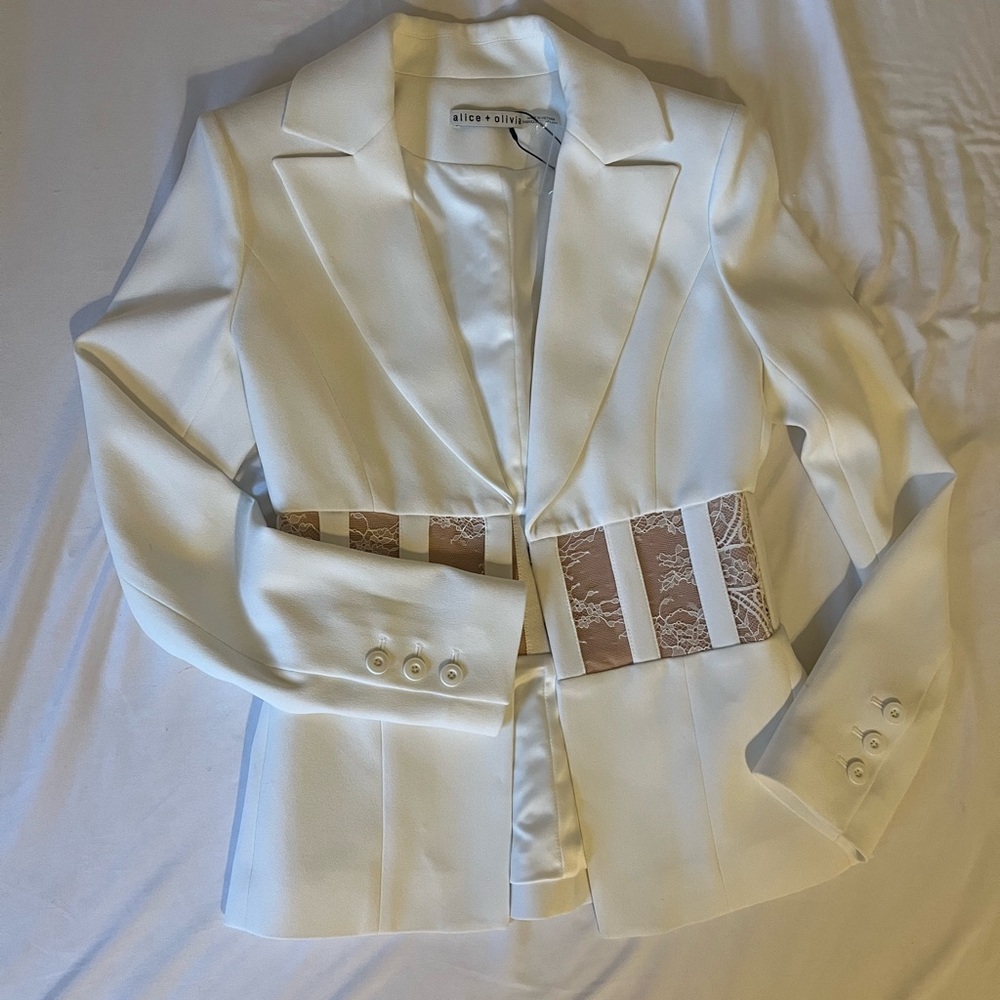 Alice + Olivia Cream Blazer with Tan Lace Accents